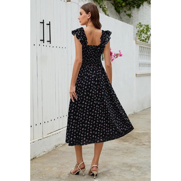 Women's Flowy Maxi Dress Summer Ruffle Square Neck Smocked Waist Beach - Picture 3 of 6